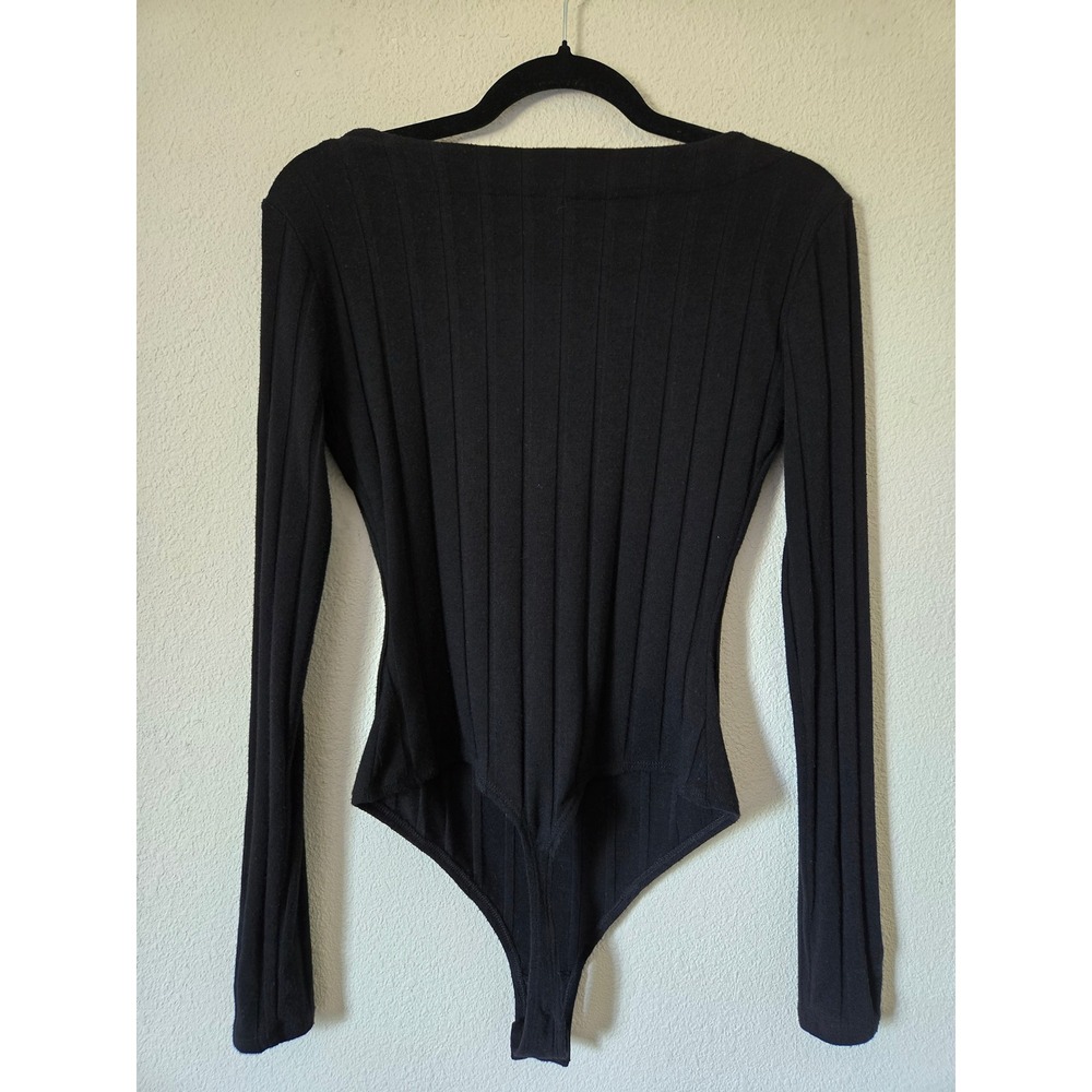 Free People Small Beside Me Ribbed Long Sleeve Thong Bodysuit Black Square Neck - Picture 4 of 11